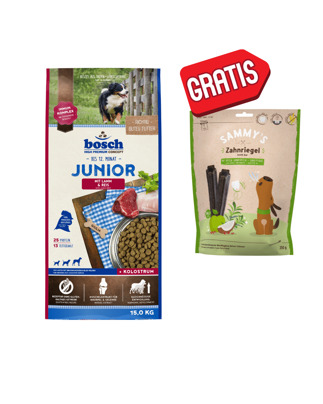 Bosch Junior Lamm & Reis 15kg + 250g Zahnriegel gratis!