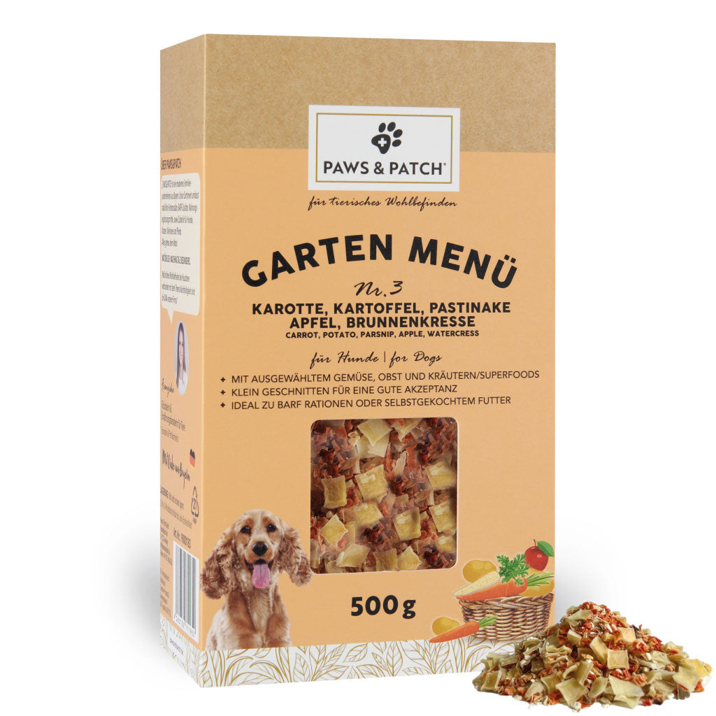 Paws & Patch GARTEN MENÜ Nr. 3 für Hunde 500g - Karotte, Kartoffel, Pastinake, Apfel, Brunnenkresse