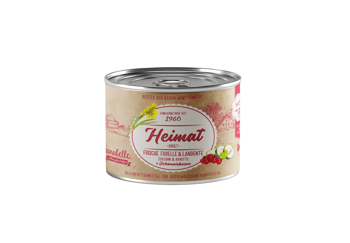 Sanabelle Heimat Dose Adult frische Forelle & Landente + Zuccini, Karotte & Johannisbeere