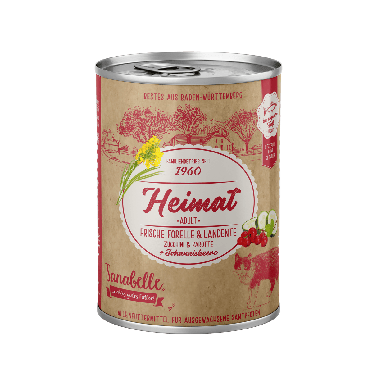 Sanabelle Heimat Dose Adult frische Forelle & Landente + Zuccini, Karotte & Johannisbeere