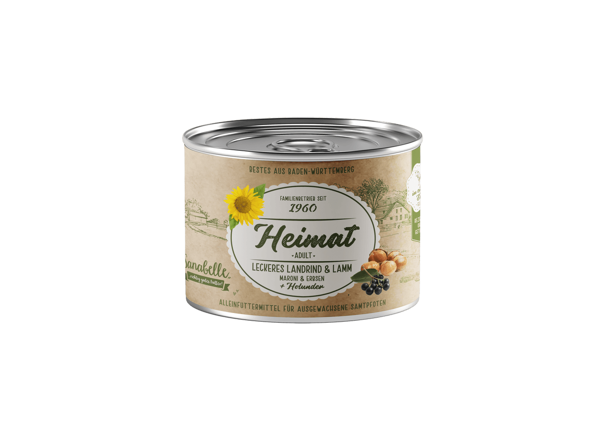 Sanabelle Heimat Dose Adult leckeres Landrind & Lamm + Maroni, Erbsen & Holunder