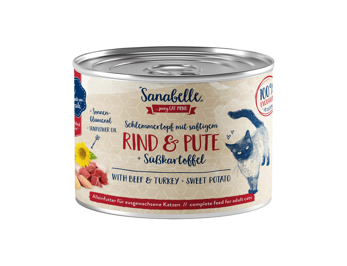 Sanabelle Dose Schlemmertopf mit saftigem Rind & Pute mit Süßkartoffel + extra Portion Sonnenblumenöl