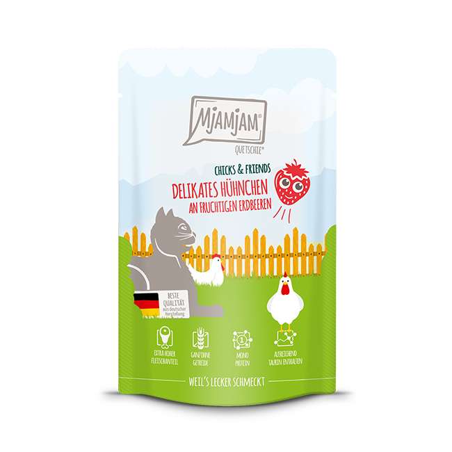 MjAMjAM - Quetschie - Chicks & Friends delikates Hühnchen an fruchtigen Erdbeeren 125g