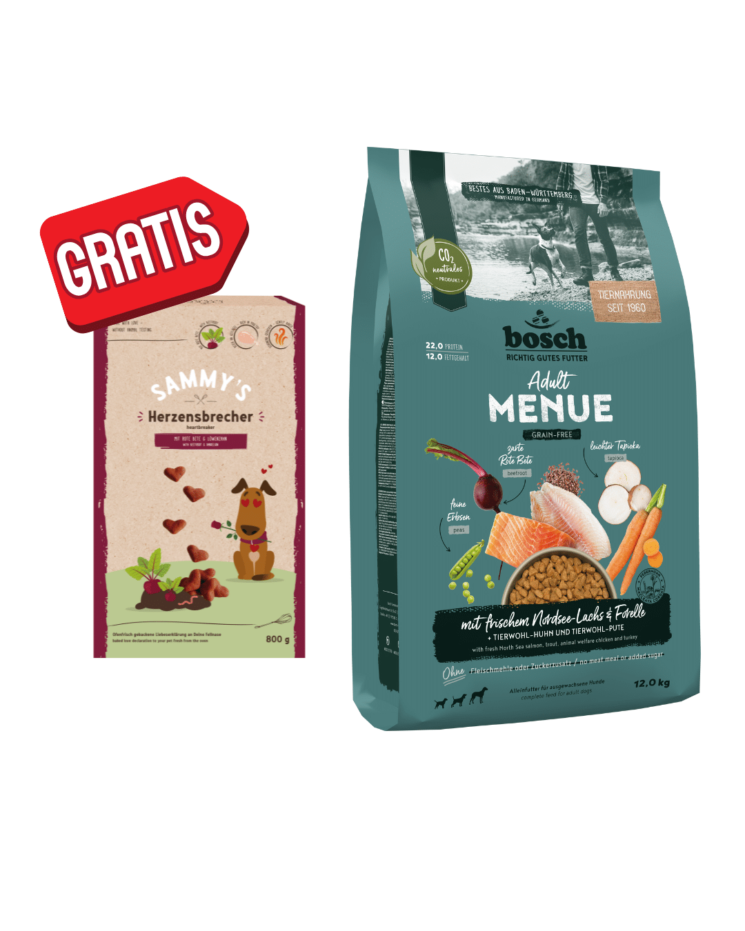 Bosch MENUE Adult Nordsee-Lachs 12kg + 800g Herzensbrecher gratis!