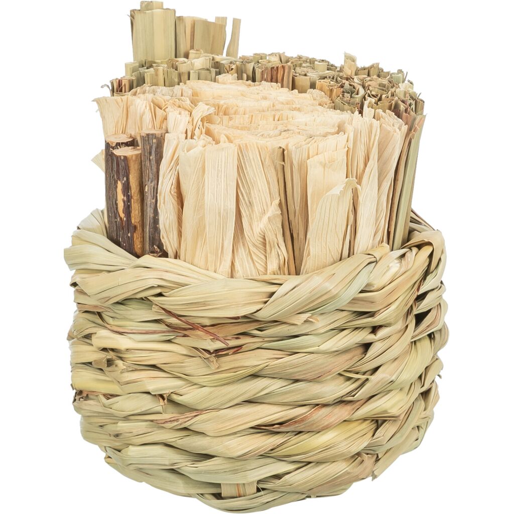 Korb, Gras, mit Heu, Maisblättern und Holzsticks