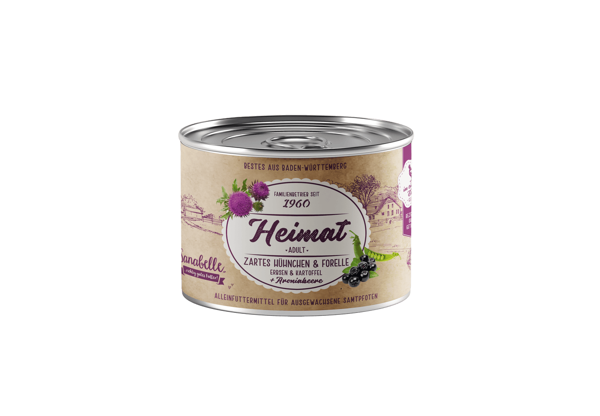 Sanabelle Heimat Dose Adult zartes Hühnchen & Forelle + Erbsen, Kartoffel & Aroniabeere