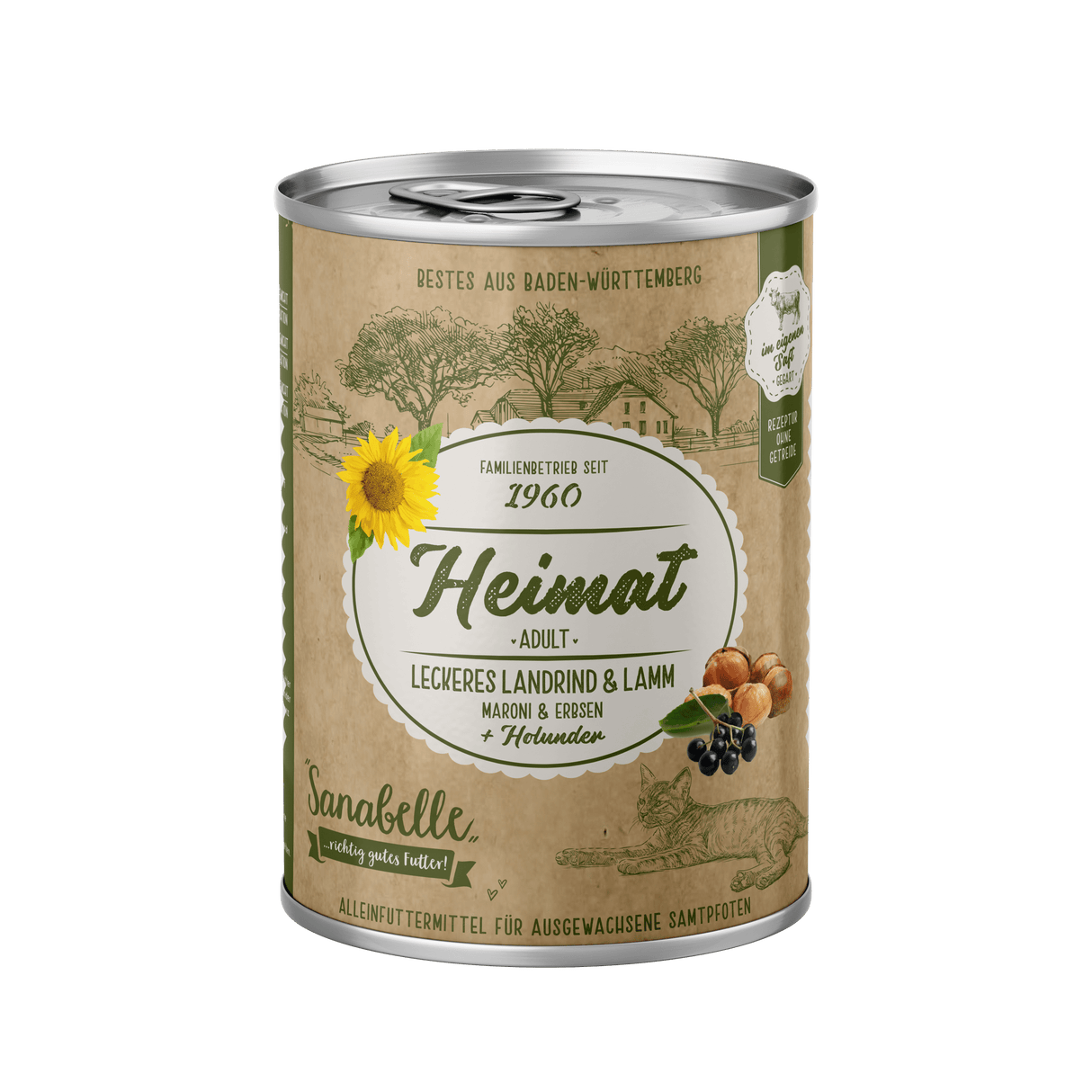 Sanabelle Heimat Dose Adult leckeres Landrind & Lamm + Maroni, Erbsen & Holunder